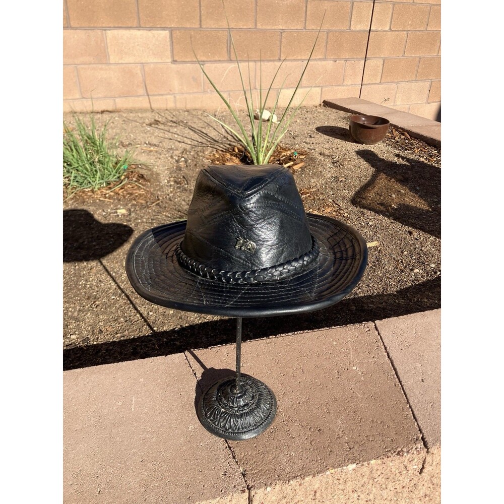 Casual Outfitters Black Real Leather Cowboy Hat Large W/2 Horse Head Pin